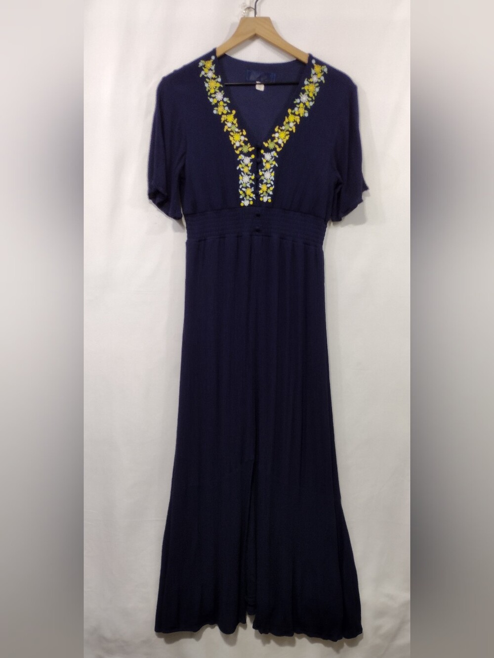 Blue Rain Embroidered Floral V-Neck Maxi Dress Wonens M Blue Cottagecore Retro